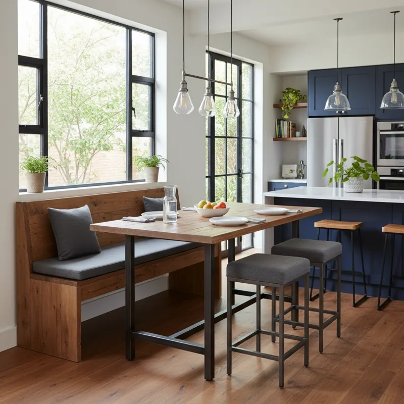 Modern counter height dining table with a long wooden bench and matching chairs, showcasing a space-saving and casual dining solution for kitchens or breakfast nooks.