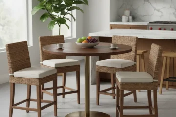 Modern round counter height pedestal table with a dark wood top and metal base, paired with two counter height stools in a contemporary kitchen.