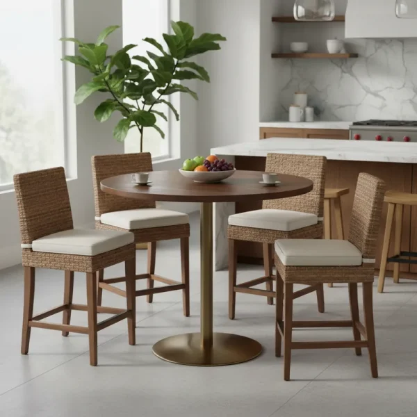 Modern round counter height pedestal table with a dark wood top and metal base, paired with two counter height stools in a contemporary kitchen.