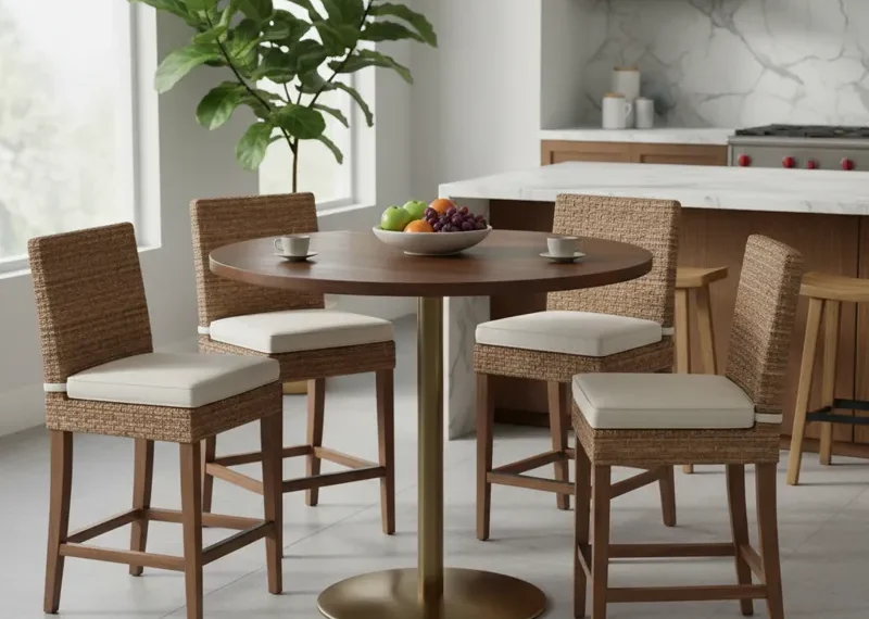 Modern round counter height pedestal table with a dark wood top and metal base, paired with two counter height stools in a contemporary kitchen.