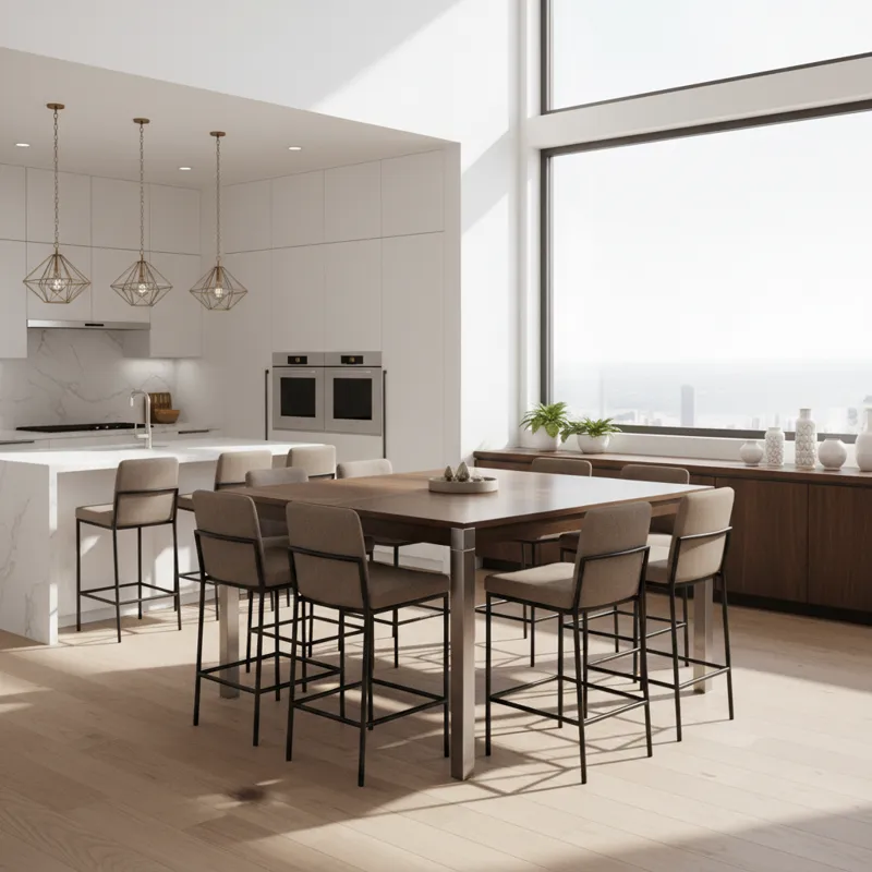 An inviting, modern kitchen and dining area featuring a stylish counter height square table for 8. The table is made of dark wood with metal accents,