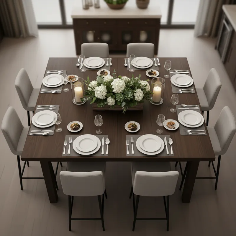 A top-down view of a spacious counter height square table set for 8, showcasing individual place settings and a decorative centerpiece. The chairs are