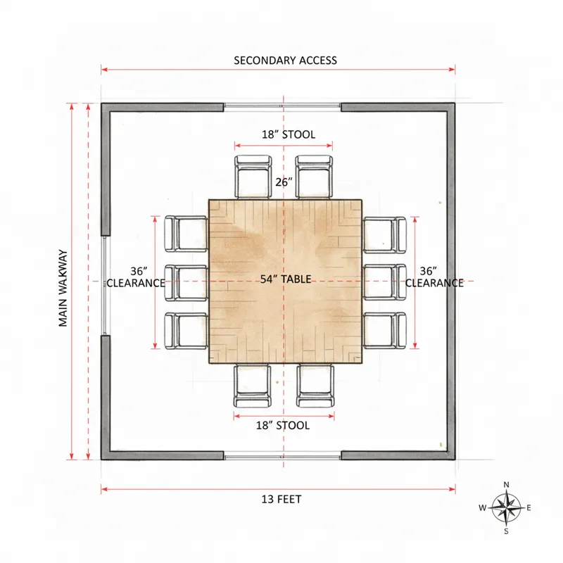 A detailed architectural drawing or rendering showing the recommended minimum dimensions for a room to accommodate a counter height square table for 8