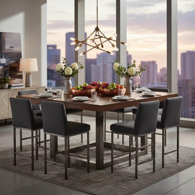 Modern counter height square dining table, designed to comfortably seat 8 people, in a contemporary kitchen setting.