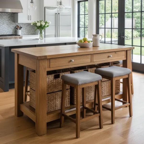 Modern counter height table with storage, featuring open shelves and pull-out drawers, in a natural wood finish, suitable for a kitchen or dining area.
