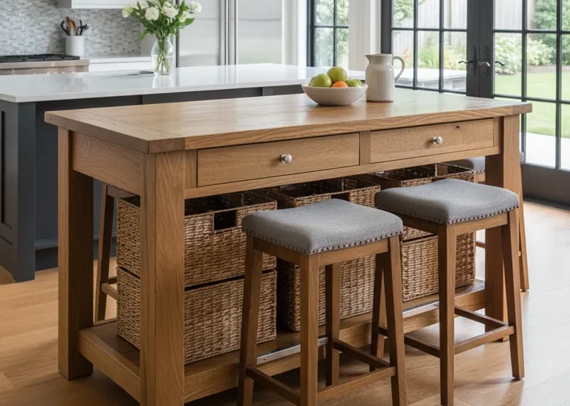 Modern counter height table with storage, featuring open shelves and pull-out drawers, in a natural wood finish, suitable for a kitchen or dining area.