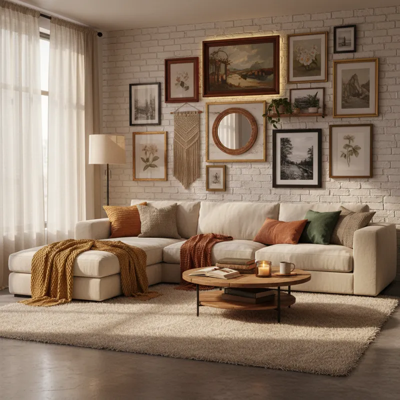 A warmly lit living room featuring a cozy gallery wall with varied textures, framed art, and soft lighting, emphasizing comfort and personalization.