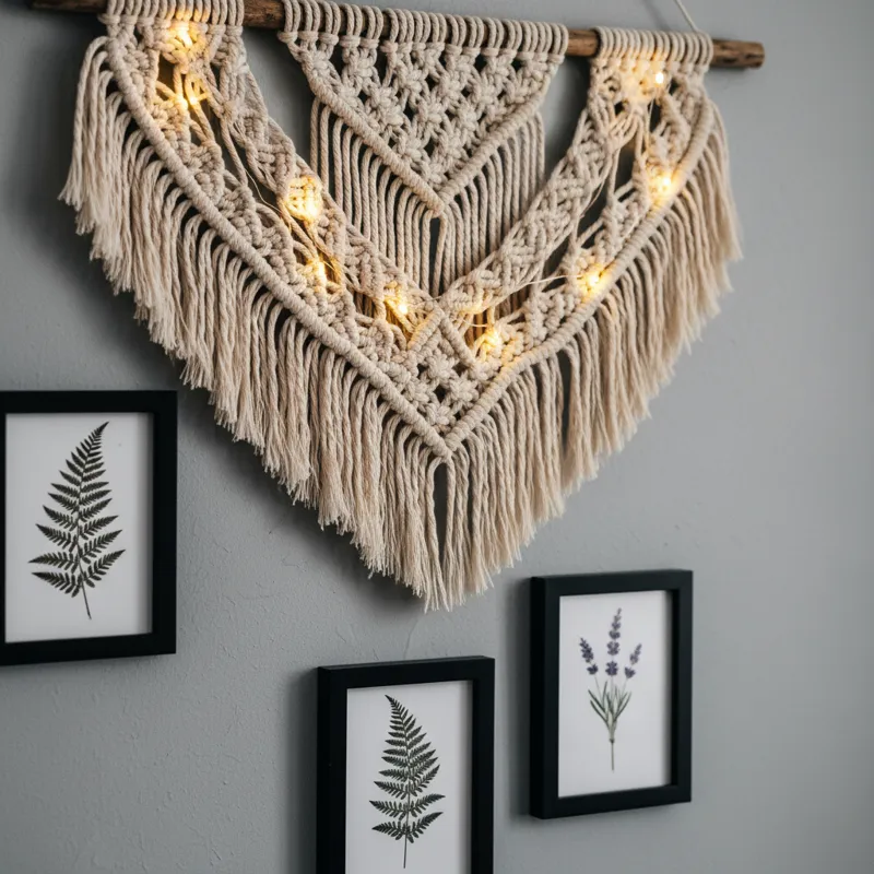 Close-up of a macrame wall hanging paired with string lights and small framed botanical prints on a soft gray wall, illustrating textured and layered