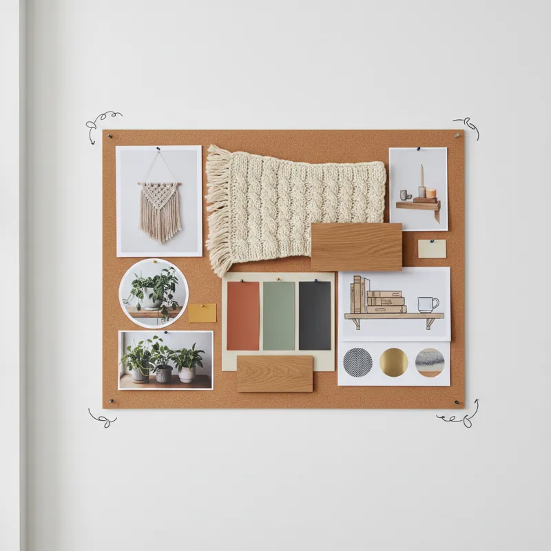A professional designer's mood board showing various textures, color palettes, and decor elements for a cozy wall, demonstrating planning and coherenc