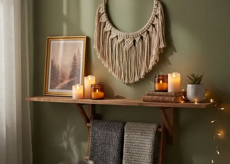 A close-up of a cozy wall decor arrangement featuring soft textile art, framed minimalist prints, and warm ambient lighting, perfect for creating a hygge atmosphere in a living room.
