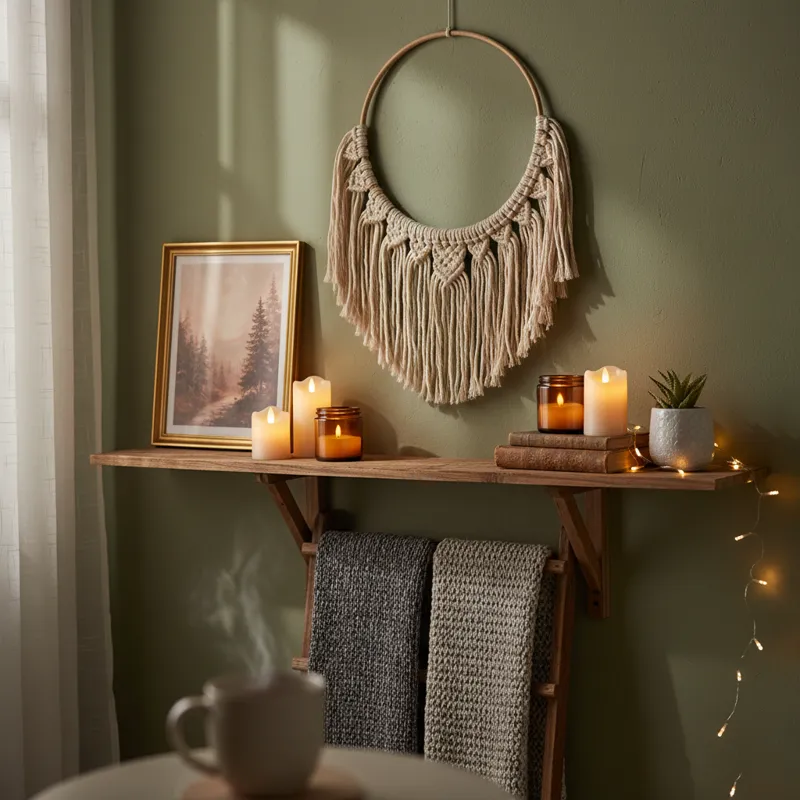 A close-up of a cozy wall decor arrangement featuring soft textile art, framed minimalist prints, and warm ambient lighting, perfect for creating a hygge atmosphere in a living room.