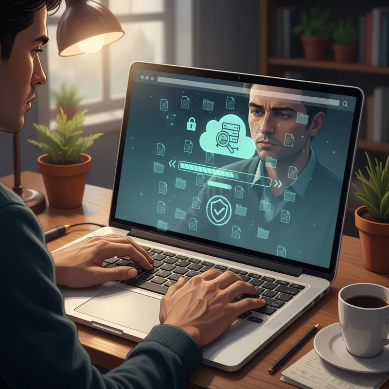 A person carefully backing up a website on a laptop screen, with file icons and a progress bar, emphasizing caution and preparation.