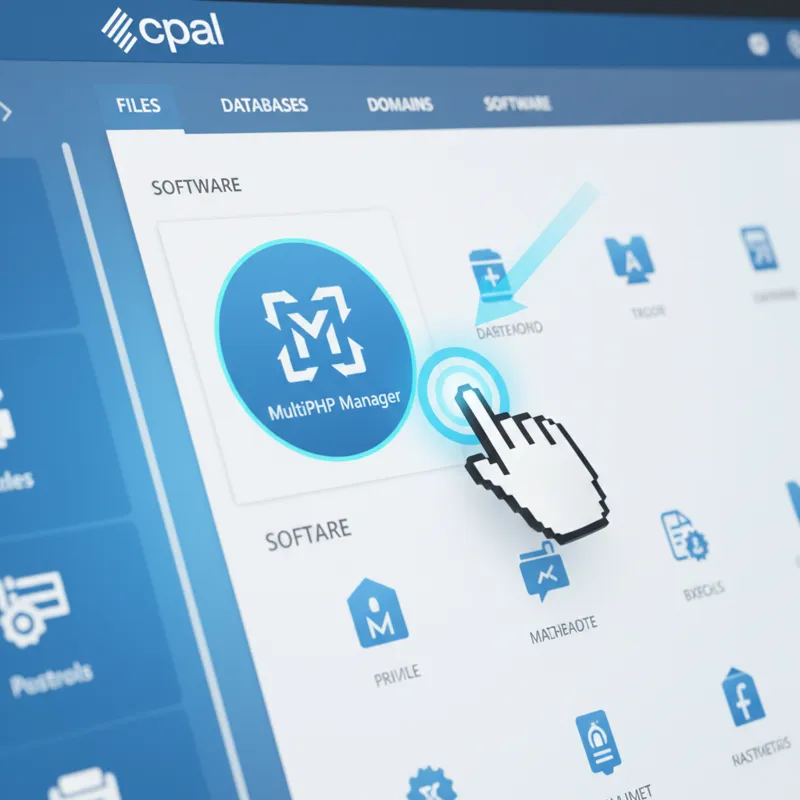A cPanel interface screenshot highlighting the'MultiPHP Manager' icon, with a mouse cursor hovering over it, indicating the start of a guided process
