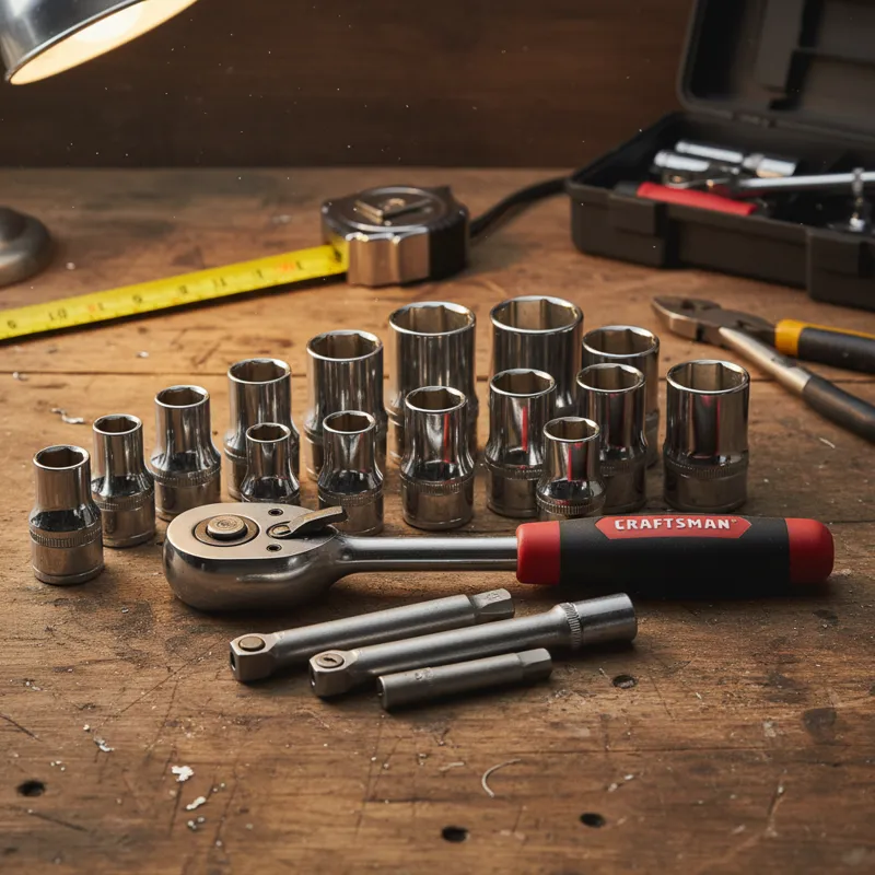 A detailed shot of various Craftsman sockets on a workbench, highlighting different sizes and finishes, with a high-quality ratchet.