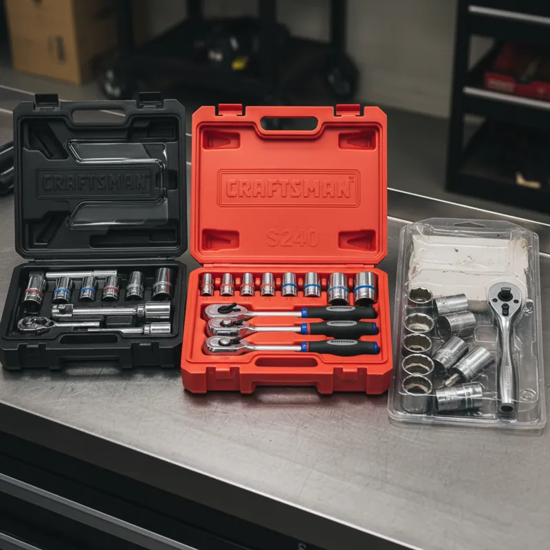 A comparative display of Craftsman V-Series, S240, and standard socket sets, highlighting packaging and aesthetic differences.