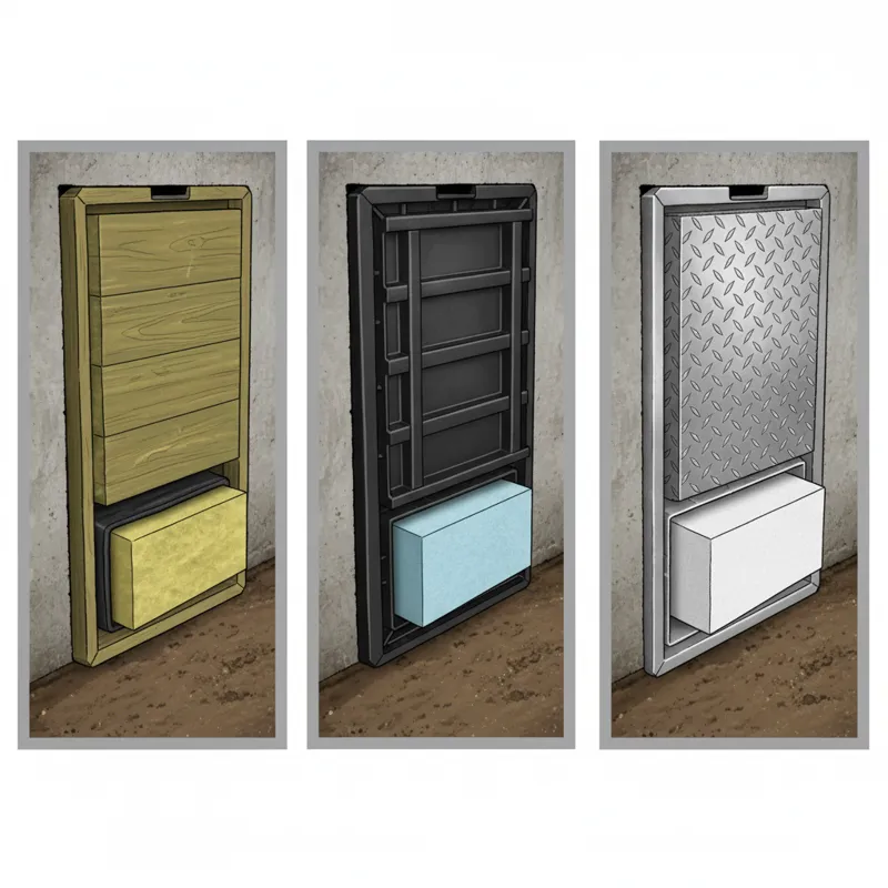 A comparative image of different crawl space door materials like treated wood, heavy-duty plastic, and metal, possibly showing cross-sections of insul