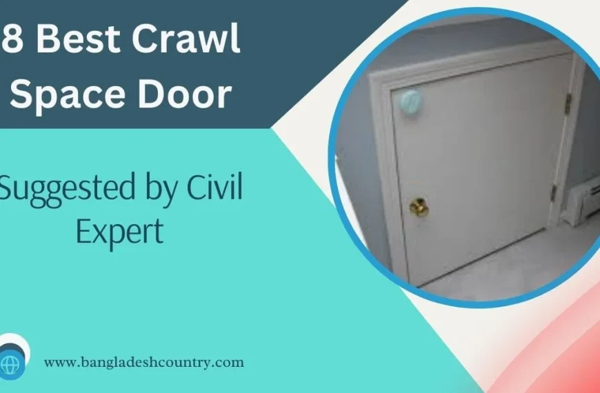 Graphic promoting '8 Best Crawl Space Door Suggested by Civil Expert', featuring a circular inset of a white interior crawl space access door with a gold doorknob and a blue child safety lock.