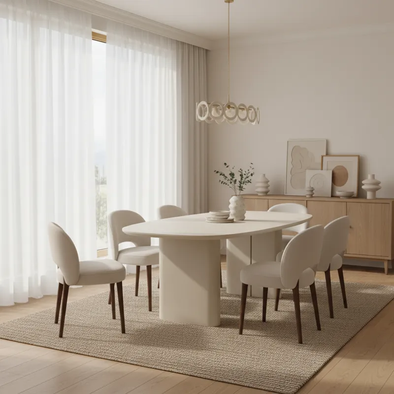 A beautifully staged modern dining room featuring a cream dining table and matching chairs, with natural light filtering in, highlighting the elegant