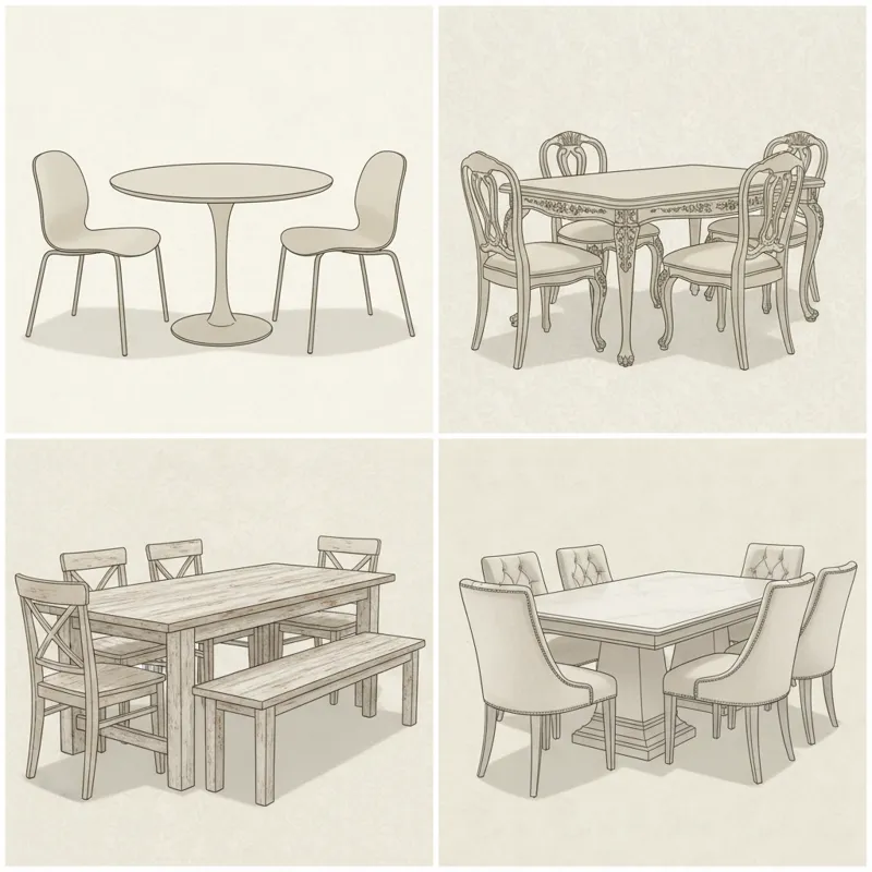 A collage of various cream dining table and chairs styles: one modern minimalist, one traditional with ornate details, one farmhouse rustic, and one e