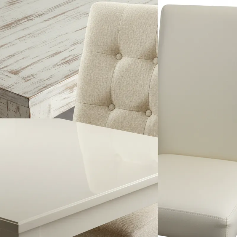 A close-up shot of different materials suitable for cream dining sets: a distressed cream wood table surface, a cream upholstered chair back, a polish