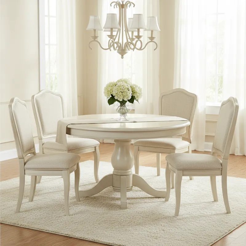 Modern cream round dining room table with four matching cream upholstered dining chairs set in a bright dining space.