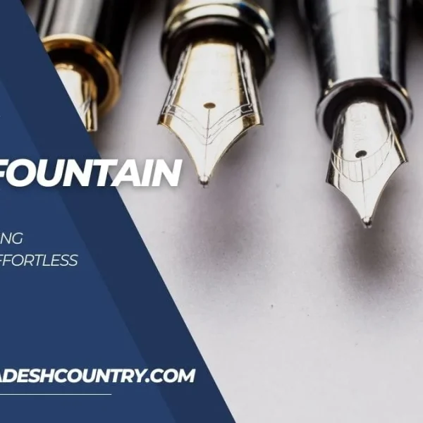 Close-up of several elegant Cross fountain pen nibs, featuring both radiant gold-plated and sleek silver-toned designs, against a light background. A prominent dark blue overlay graphic contains the white text: 'CROSS FOUNTAIN PEN,' 'THE ULTIMATE WRITING INSTRUMENT FOR EFFORTLESS ELEGANCE,' and 'WWW.BANGLADESHCOUNTRY.COM.'
