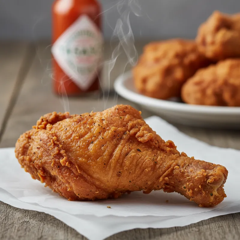 A close-up, high-definition photo of a golden-brown piece of Crown Fried Chicken, showing the crispy, textured skin, with a slight steam visible, sugg