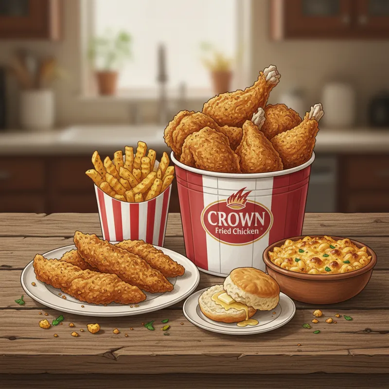 A diverse spread of Crown Fried Chicken menu items on a rustic wooden table: a bucket of classic fried chicken, a plate of crispy chicken tenders, a c