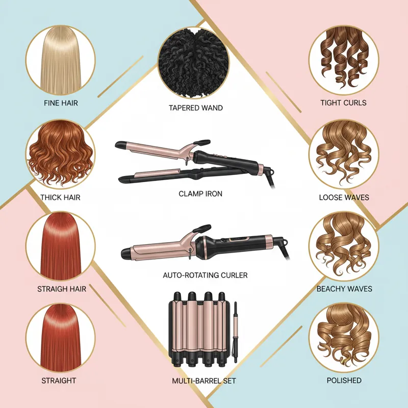 A diverse collage image showing different hair types (fine, thick, curly, straight) alongside various curling sticks (tapered wand, clamp iron, auto-r