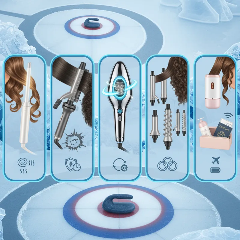 A visually appealing infographic or collage showcasing the five best curling sticks: a sleek ceramic tapered wand, a robust titanium clamp iron, a fut