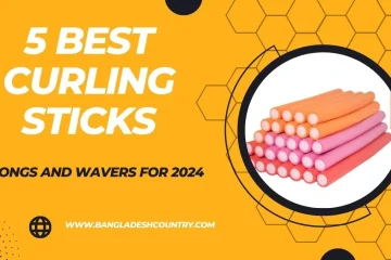 Graphic promoting '5 Best Curling Sticks, Tongs and Wavers for 2024,' featuring a circular image of orange, pink, and red flexible foam hair curling rods on a bright orange background with a honeycomb pattern.
