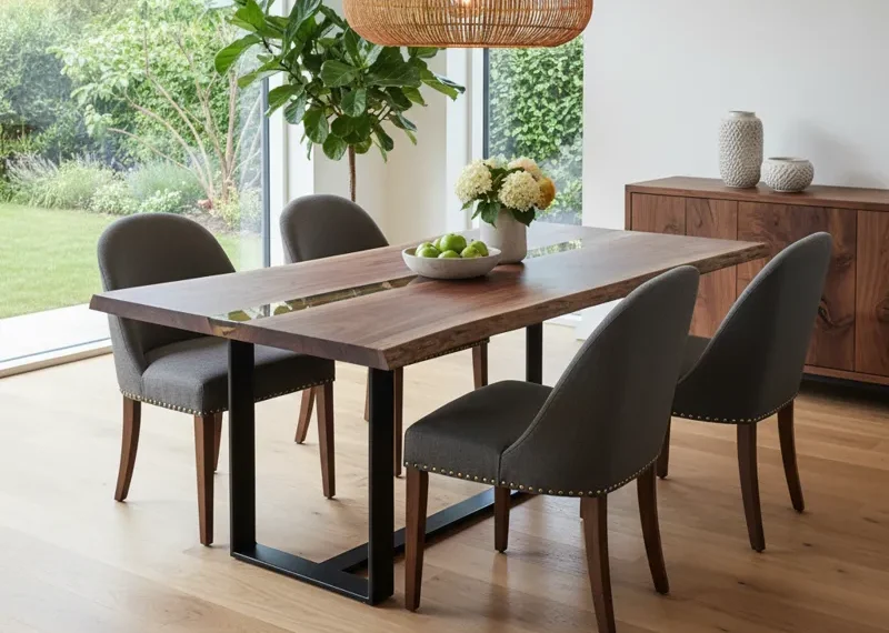 Custom solid wood dining set with a modern rectangular table and matching upholstered chairs, designed for personalized dining room aesthetics.