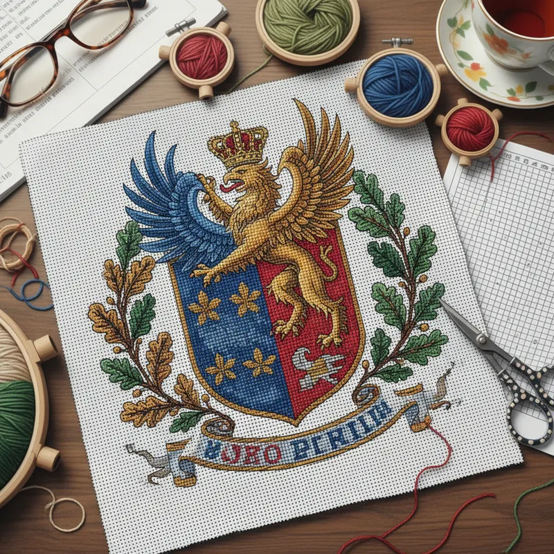 A close-up, high-resolution image of a partially completed custom needlepoint canvas, showing intricate detail and vibrant yarn colors, possibly with