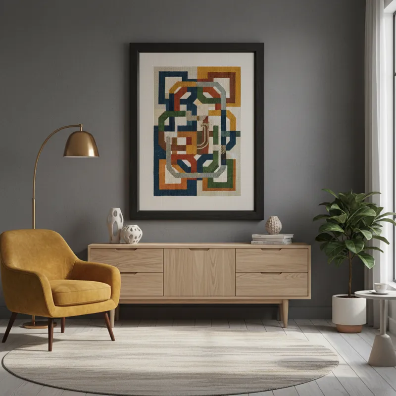 A stylish interior shot showcasing a framed custom needlepoint piece hanging on a wall, complementing the room's decor, perhaps a geometric pattern or
