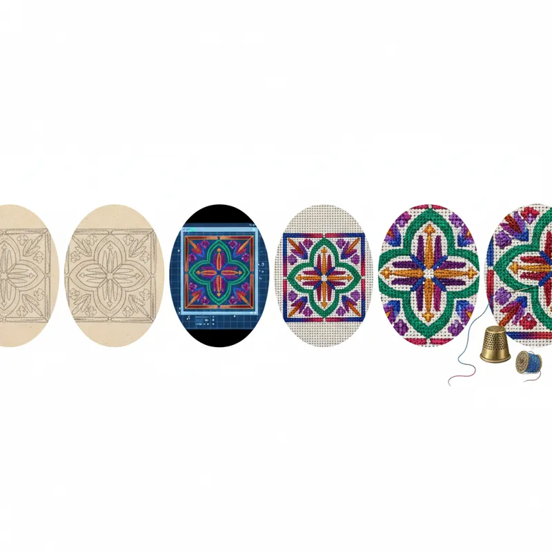 A series of small inset images or a collage showing the progression of a custom needlepoint project: an initial sketch, a digital rendering, a printed