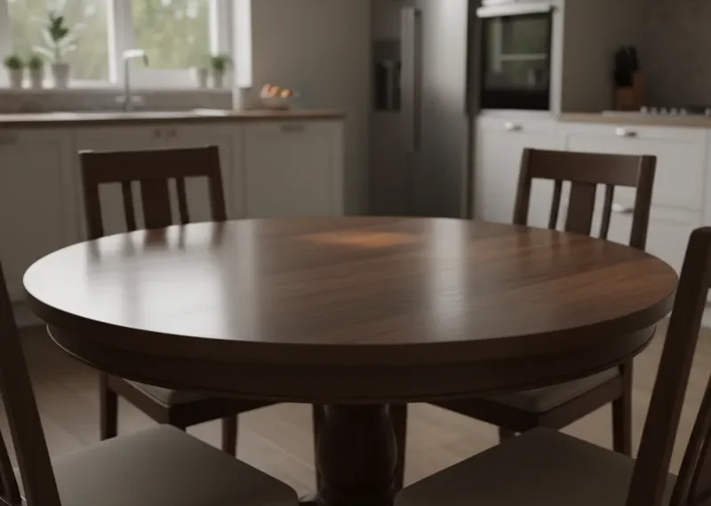 Dark brown round wooden kitchen table with a smooth finish.