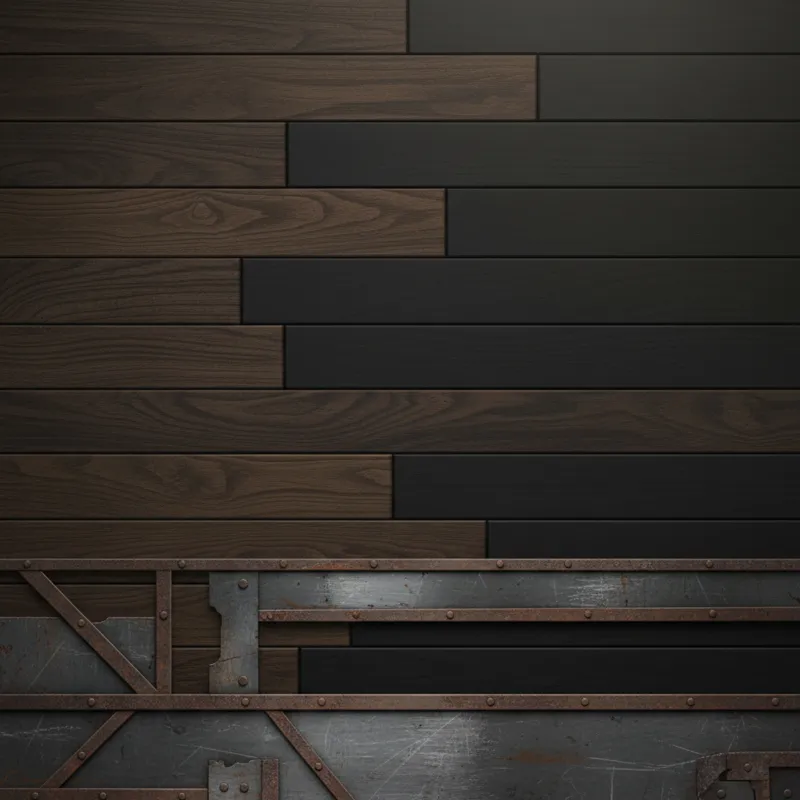 Various wood planks side-by-side, some stained dark, some painted black, showing grain differences, with metal accents in the foreground.