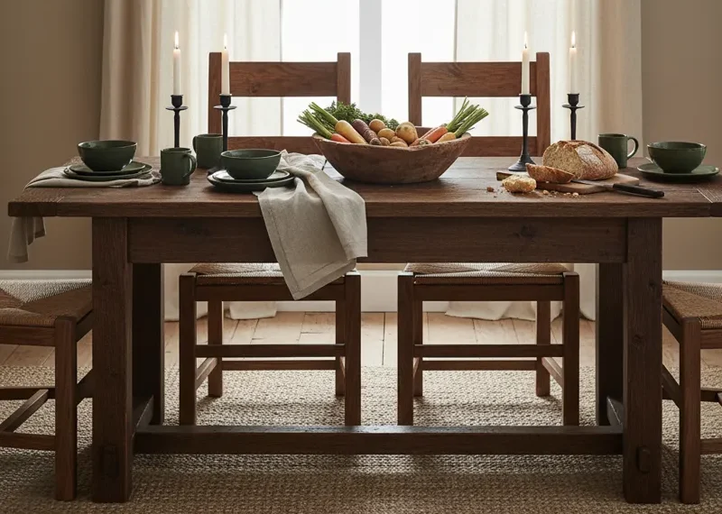 Dark farmhouse dining table made from reclaimed, distressed solid wood, featuring a rustic finish ideal for a vintage-inspired kitchen or dining room.