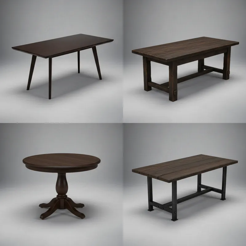 A collage of four distinct dark oak dining tables: a sleek modern design, a robust farmhouse style, a classic traditional pedestal table, and an indus