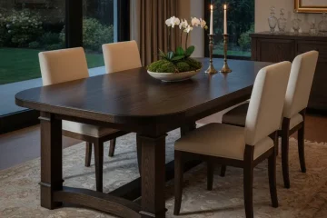 Elegant dark oak dining table, solid wood construction, rectangular design suitable for modern dining rooms. Features a rich, deep brown finish.