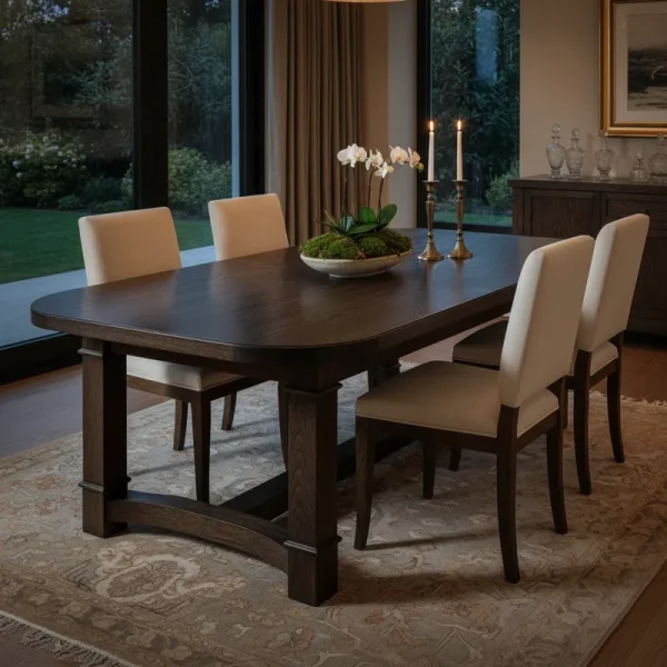Elegant dark oak dining table, solid wood construction, rectangular design suitable for modern dining rooms. Features a rich, deep brown finish.