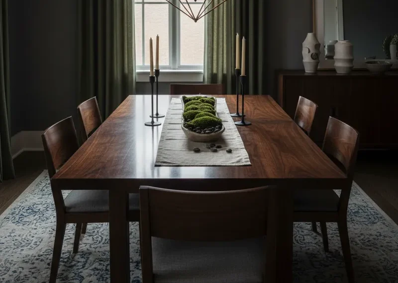 Elegant dark wood dining room table with a rich, deep finish, surrounded by matching chairs. The sturdy rectangular table is ready for entertaining in a sophisticated dining space.