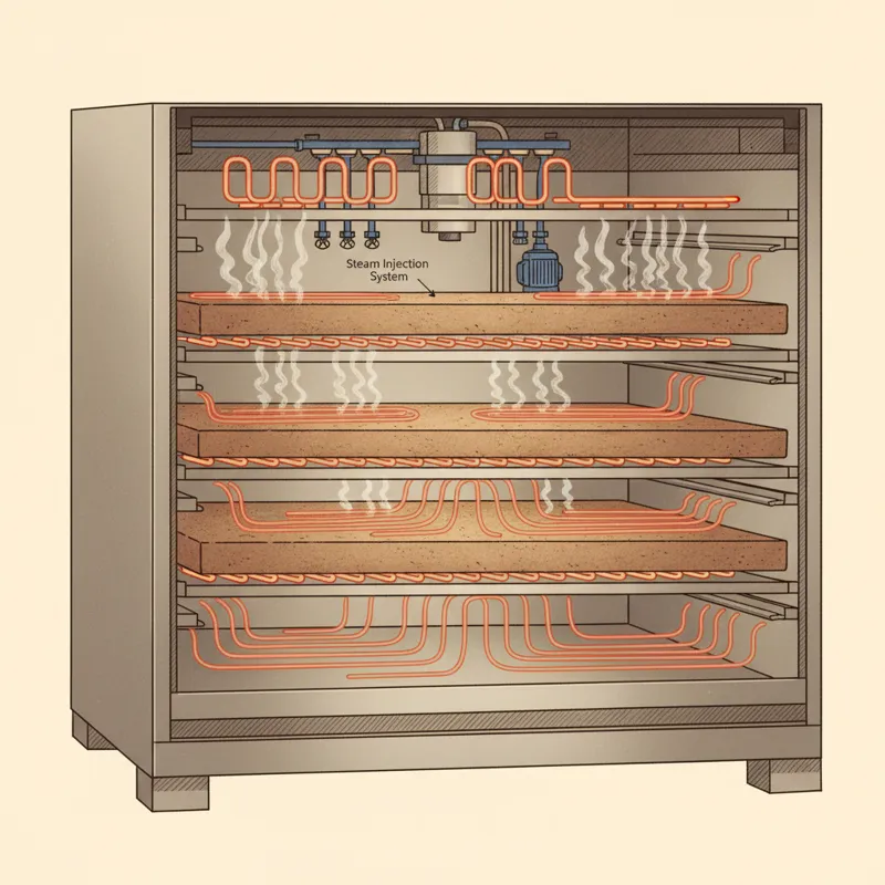 A detailed, cutaway illustration showing the internal components of a typical commercial deck oven, highlighting heating elements, stone decks, and st