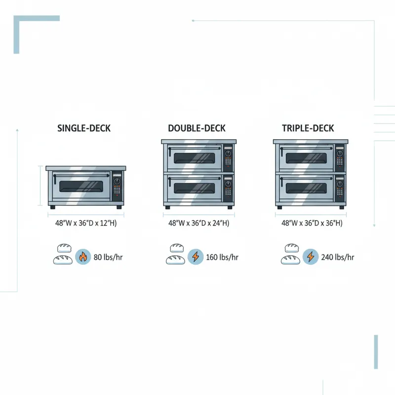A comparative graphic illustrating different sizes of deck ovens (single, double, triple deck) alongside their typical dimensions and capacity, with i