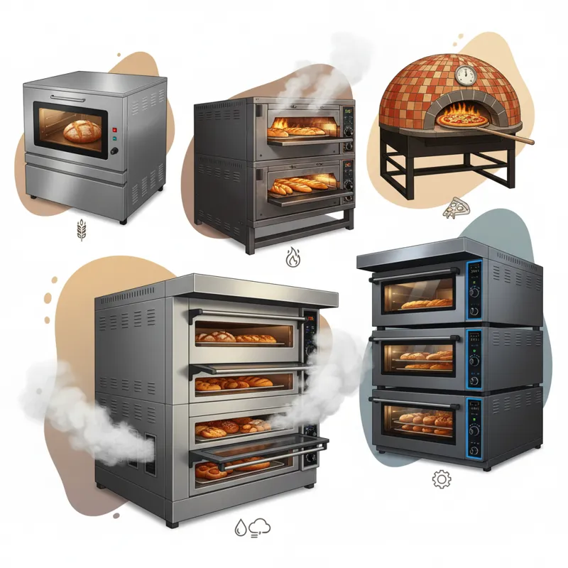 A visually appealing collage showcasing five distinct deck oven models. One compact single-deck, one double-deck gas, one large multi-tier electric wi