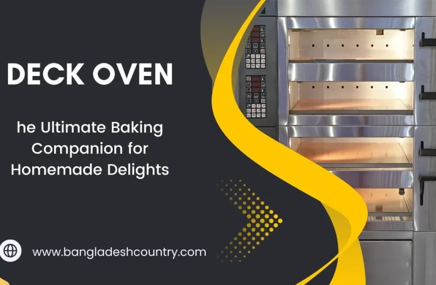 Modern commercial stainless steel deck oven with multiple illuminated baking chambers. The image also displays the text 'DECK OVEN: The Ultimate Baking Companion for Homemade Delights' and a website address.