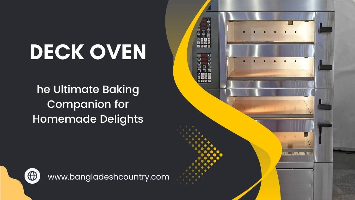 Modern commercial stainless steel deck oven with multiple illuminated baking chambers. The image also displays the text 'DECK OVEN: The Ultimate Baking Companion for Homemade Delights' and a website address.