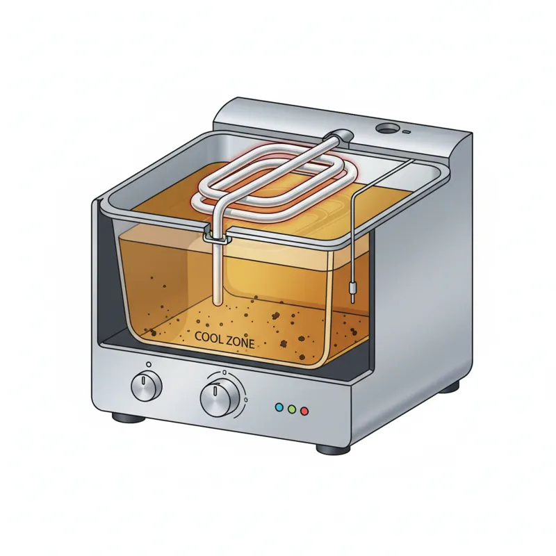 A technical cross-section diagram of a modern deep fryer, highlighting the immersion heating element suspended in oil, the cool zone at the bottom for
