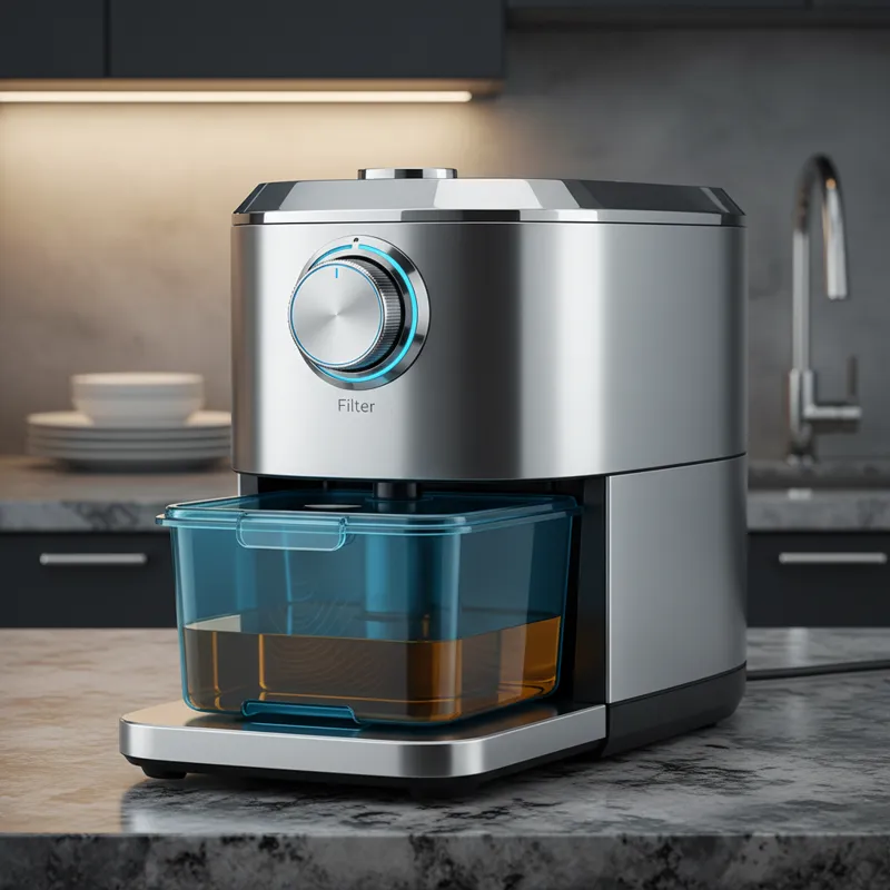 A sleek stainless steel deep fryer on a granite countertop. The focus is on a blue plastic oil storage box located at the base of the unit. A dial on