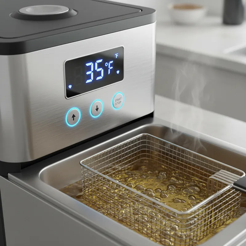 A high-tech brushed steel deep fryer with a digital LCD screen displaying